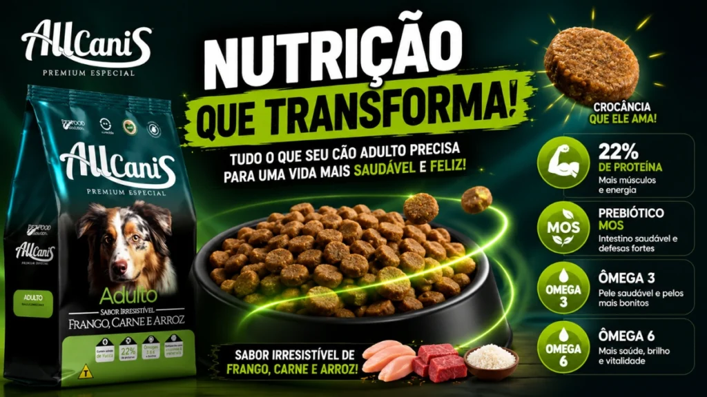 Grãos da Ração AllCanis Cães Adulto com destaque para proteína, prebiótico MOS, ômega 3 e ômega 6.