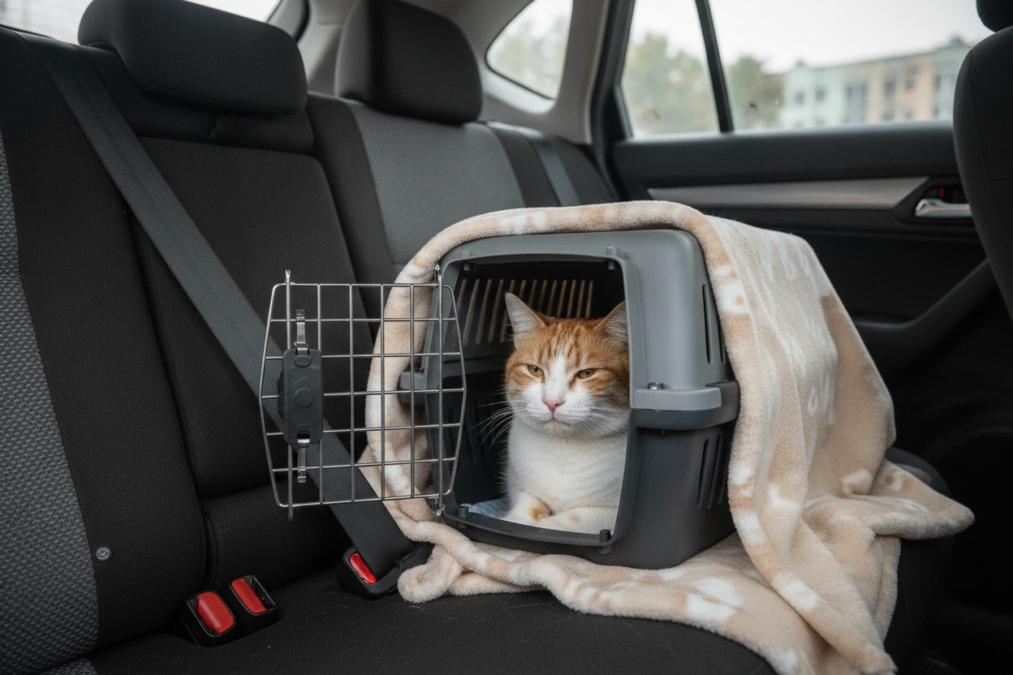 Caixa de transporte de gato presa com segurança no carro