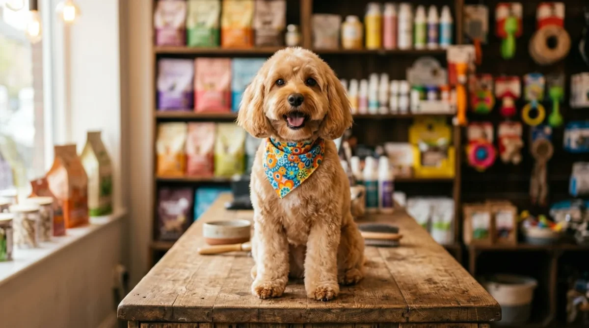 Cachorro limpo e tosado com bandana em pet shop
